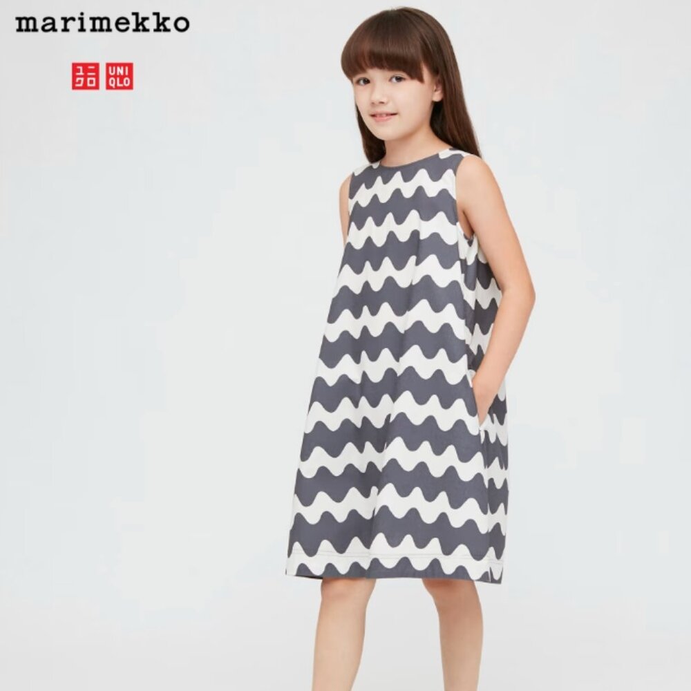 NWT Marimekko Kids x UNIQLO Dress Sleeveless Gray White Pockets Wavy Print